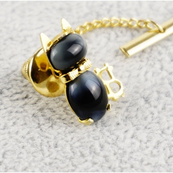 HOB & Co Cat Jelly Belly Cabochon Tie Tack Gray/Black Tiger Eye Like Gold Tone - Picture 6 of 11